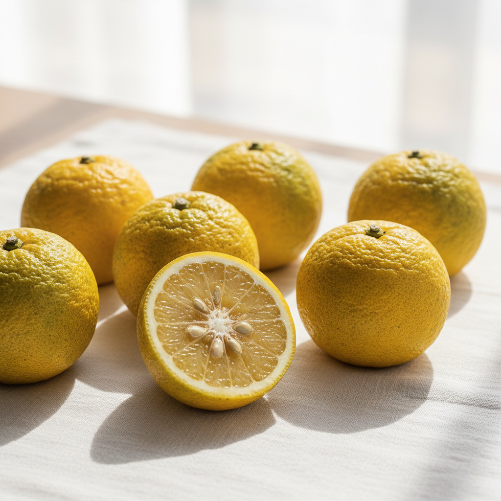 Fresh yuzu citrus fruit - key ingredient in Yuzu Radiance Face Oil for natural glow