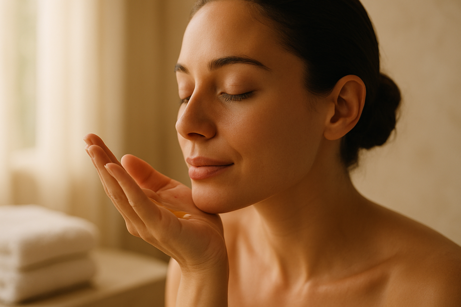 Images of a person smelling face oil on the palm and relaxing